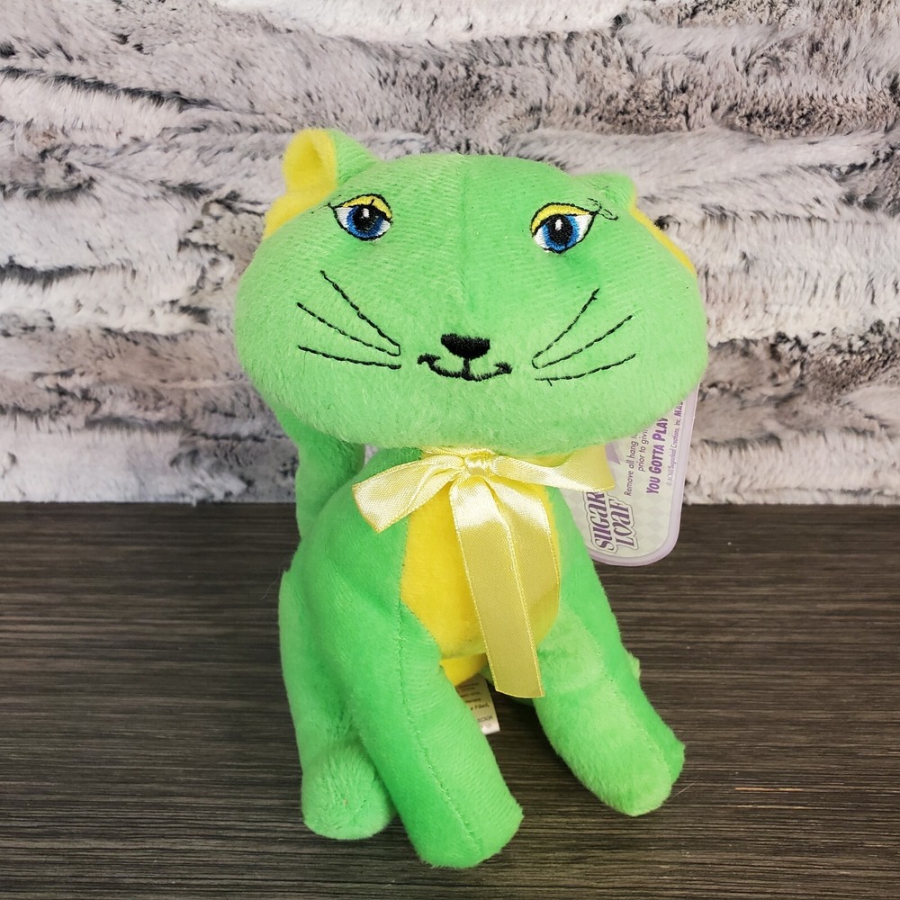Sugar Loaf Lime Green Alley Cat Plush 8" Stuffed Animal Yellow Belly, Bow NEW